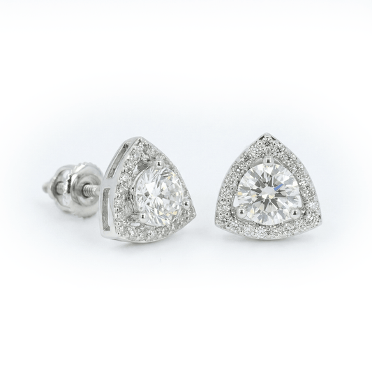 Diamond triangle studs with sparkling crystal detailing and an anti-tarnish silver finish, perfect for everyday wear and modern elegant styling.
