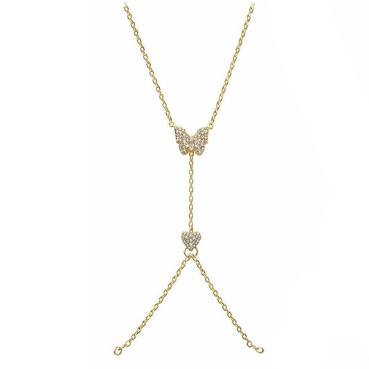 Butterfly hand chain with sparkling crystal detailing and an anti-tarnish gold finish, perfect for elegant styling and special occasions.
