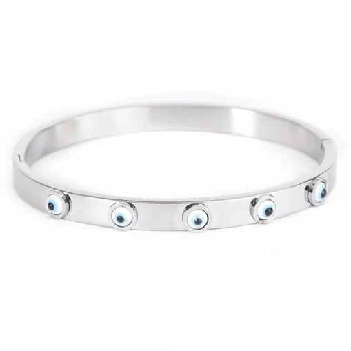 Silver-tone evil eye bangle featuring five evenly spaced blue-and-white evil eye details along the front.
