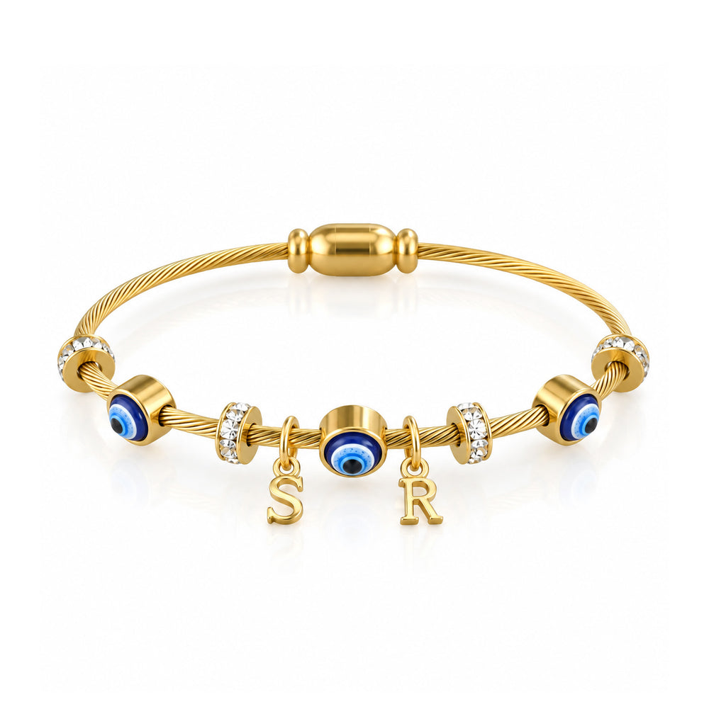 DIY Classic Evil Eye Bangle | Personalize with 2 or 3 Initials | Gold Plated | Openable