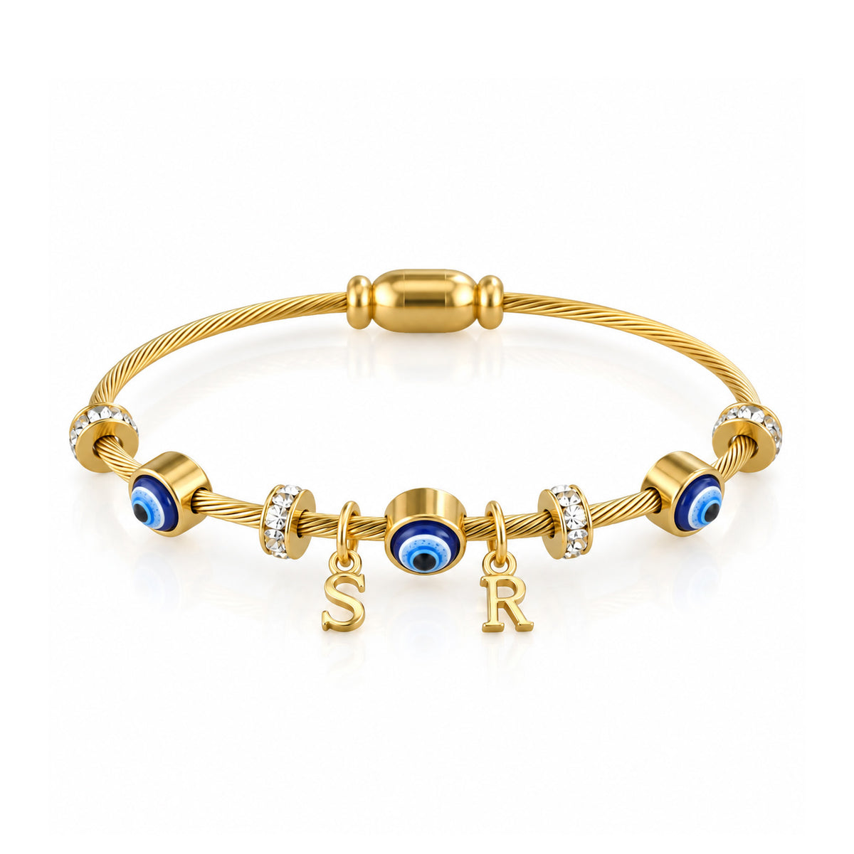 DIY Classic Evil Eye Bangle | Personalize with 2 or 3 Initials | Gold Plated | Openable