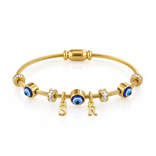 DIY Classic Evil Eye Bangle | Personalize with 2 or 3 Initials | Gold Plated | Openable