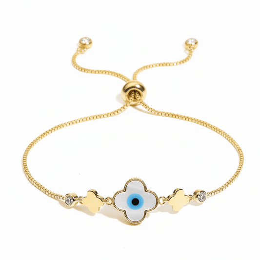 Floral evil eye bracelet with crystal detailing and an anti-tarnish gold finish, perfect for everyday wear, meaningful styling, and elegant layering.
