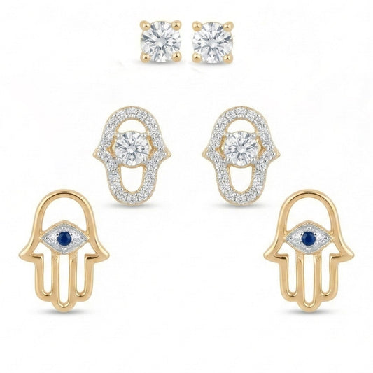 Glittering Hamsa earring set with crystal detailing and an anti-tarnish finish, available in gold and silver, perfect for everyday wear and meaningful styling.
