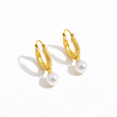 Gold Hoop Pearl Drop Earrings