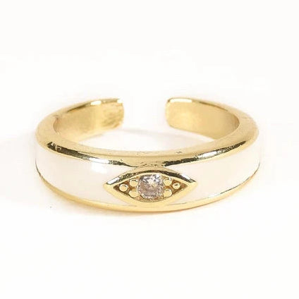 Gold-toned open ring featuring a smooth wide band and an eye-shaped centerpiece with a sparkling clear stone.
