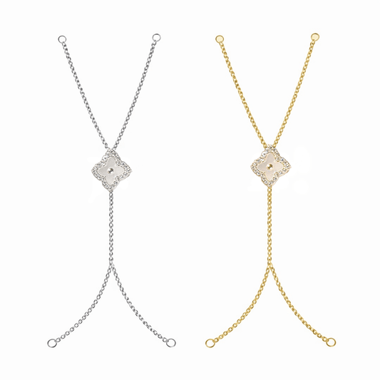 Mystical clover bracelet with pearl and crystal detailing, finished with an anti-tarnish coating, available in gold and silver, perfect for everyday wear and elegant styling.
