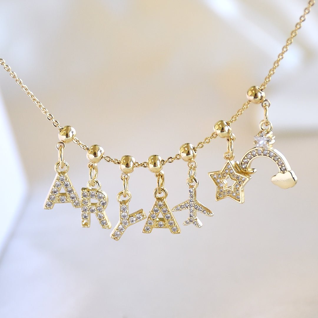 Name Necklace with Charms | Gold Finish Pendant for Women & Teens - Upakarnaproduct_type
