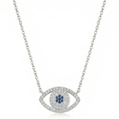 Silver-tone evil eye necklace featuring a crystal-studded eye-shaped pendant with a blue center motif, suspended from a delicate silver chain on a white background.