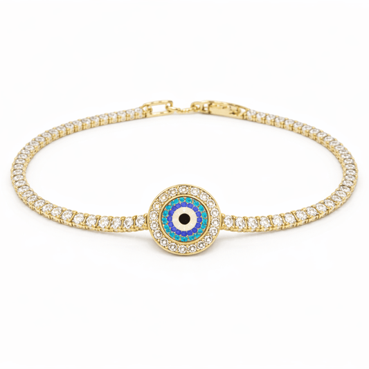 Oracle evil eye bracelet with sparkling crystal detailing and an anti-tarnish gold finish, perfect for everyday wear and meaningful styling.
