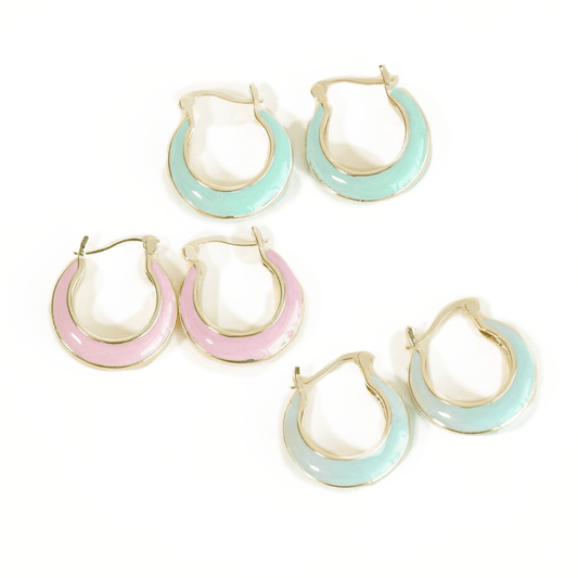 Pastel enamel hoops with colorful enamel detailing and an anti-tarnish gold finish, perfect for everyday wear and playful styling.
