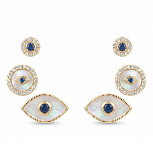 Pearlescent evil eye earring set with mother-of-pearl and crystal detailing, finished with an anti-tarnish coating, available in gold and silver, perfect for everyday wear and meaningful styling.