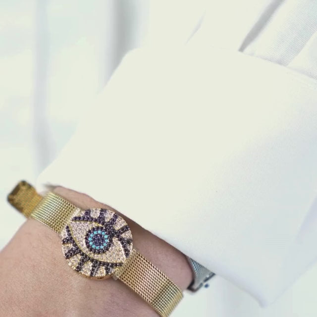Evil eye watch strap with protective charm detailing and an anti-tarnish finish, available in gold, rose gold, and silver, perfect for everyday wear and meaningful styling.
