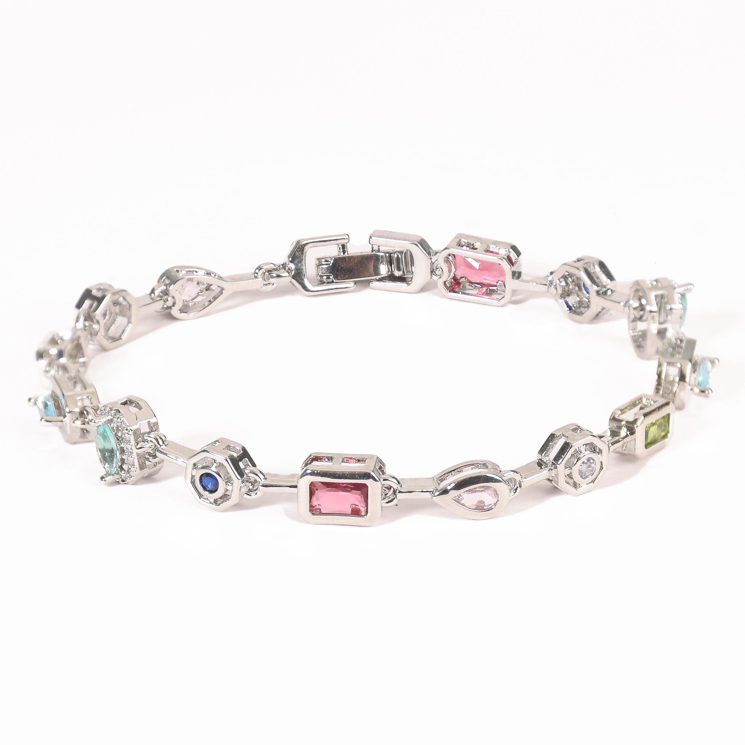 Rainbow cascade bracelet with colorful crystal detailing and an anti-tarnish silver-plated finish, perfect for everyday wear, vibrant styling, and thoughtful gifting.
