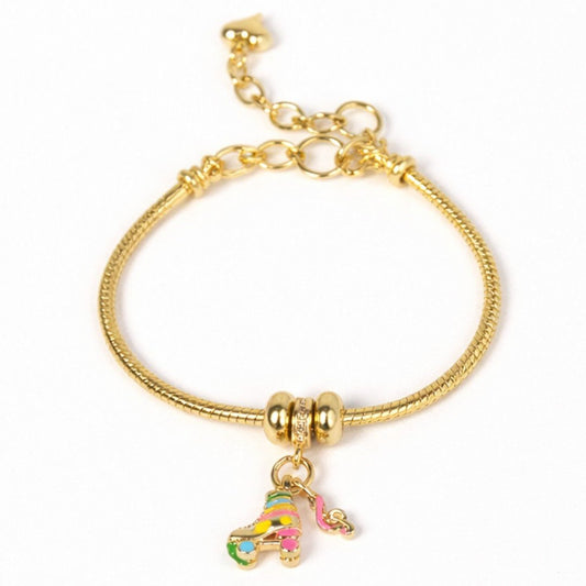 Roller skate charm bracelet with colorful enamel detailing and an anti-tarnish gold finish, perfect for everyday wear and playful styling.
