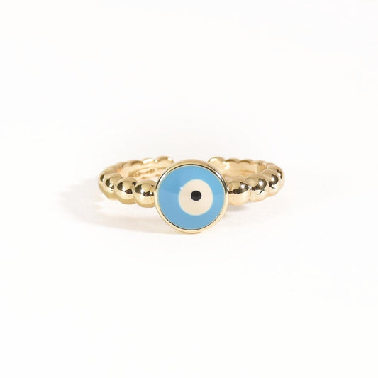 Hamsa studded evil eye ring with protective charm detailing and an anti-tarnish gold finish, perfect for everyday wear, meaningful styling, and statement looks.
