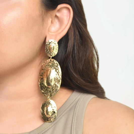 Spiral Groovy Oval Statement Earrings, golden