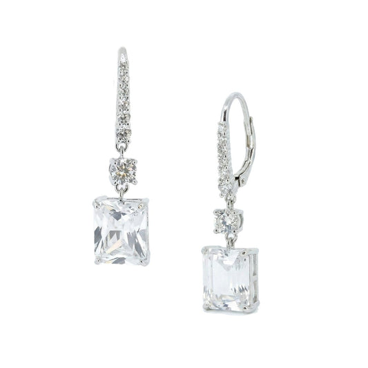 Squared drop earrings with sparkling rectangular crystal detailing and an anti-tarnish silver finish, perfect for evening wear and elegant styling.
