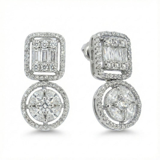 Stellar diamond earrings with geometric crystal detailing and an anti-tarnish silver finish, perfect for evening wear and elegant styling.
