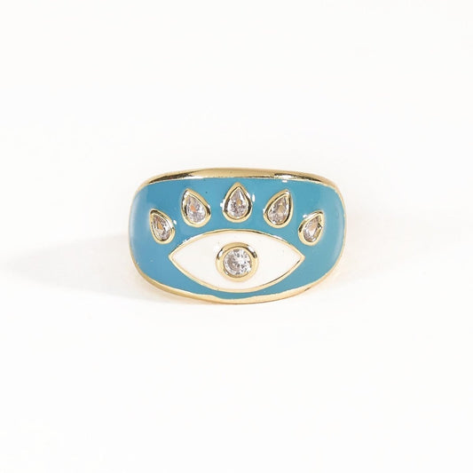 Studded evil eye ring with colorful enamel detailing and sparkling crystal accents, finished with an anti-tarnish coating, perfect for everyday wear, playful styling, and meaningful gifting.
