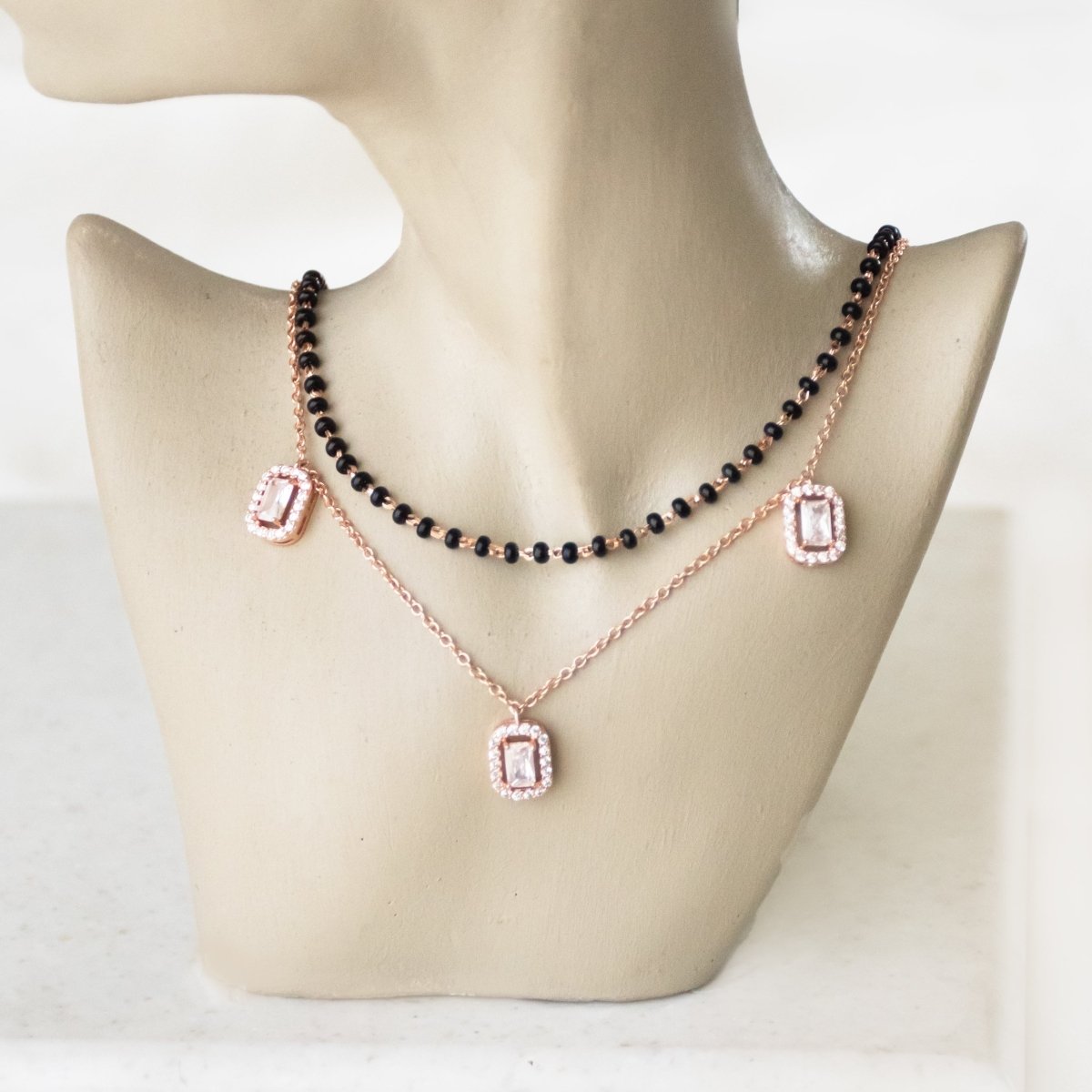 Three Diamond Rectangular Layered Mangalsutra Necklace - Upakarnaproduct_type
