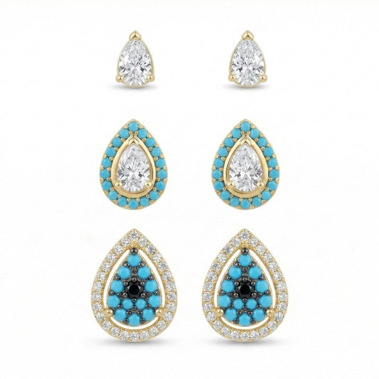 Turquoise teardrop earring set with crystal detailing and an anti-tarnish finish, available in gold and silver, perfect for everyday wear and meaningful styling.
