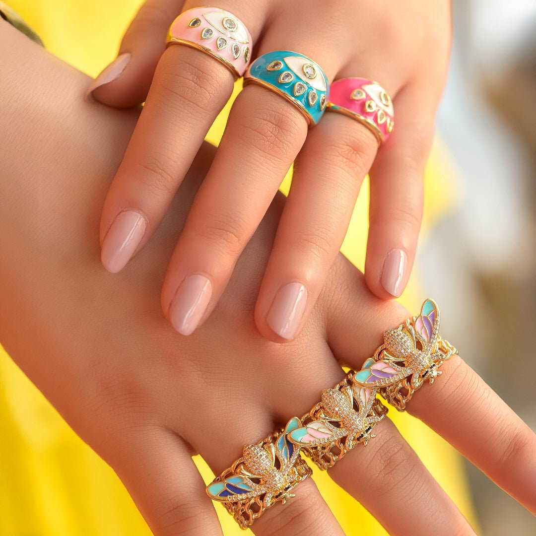 Bee band ring with vibrant enamel detailing and an anti-tarnish finish, available in multicolored shades, perfect for everyday wear, playful styling, and statement looks.
