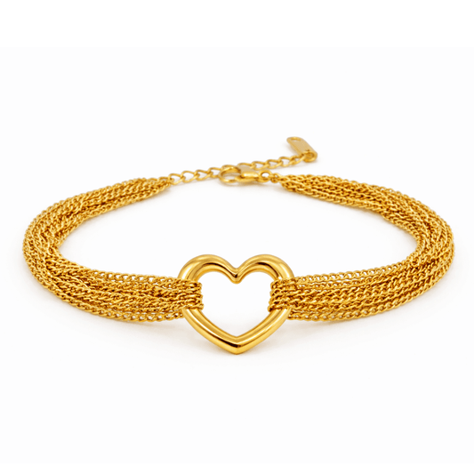 Woven heart bracelet with a multi-strand mesh design and an anti-tarnish gold finish, perfect for everyday wear and statement styling.
