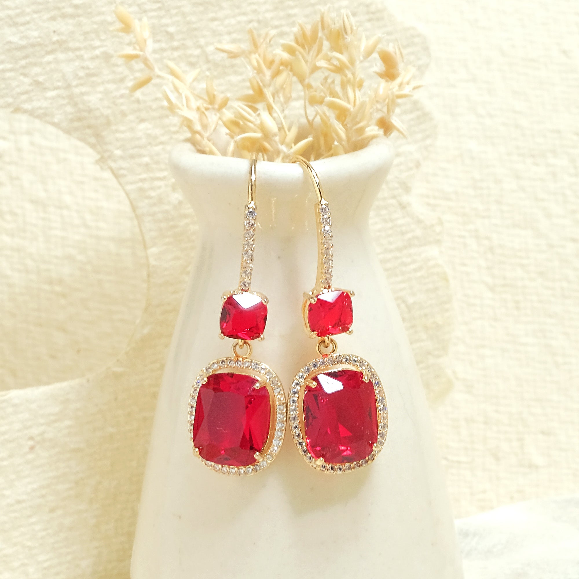 Red Oval Studded Earrings - Upakarna Jewelry