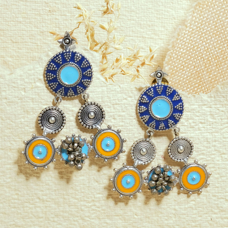 Blue & Orange Triangular Wheel Oxidized Earrings