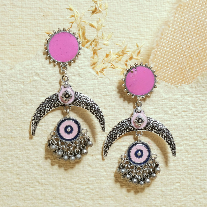 Pink Crescent Moon Oxidized Earrings