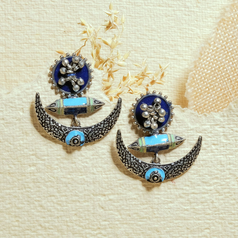 Blue Crescent Moon Oxidized Earrings