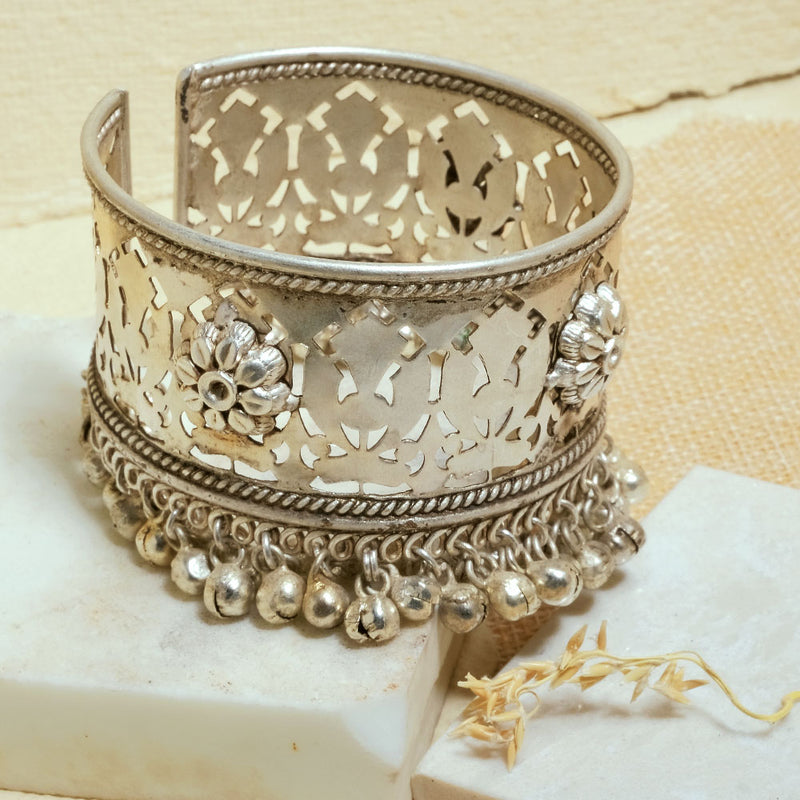 Silver Oxidized Floral Ghungroo Cuff Bangle