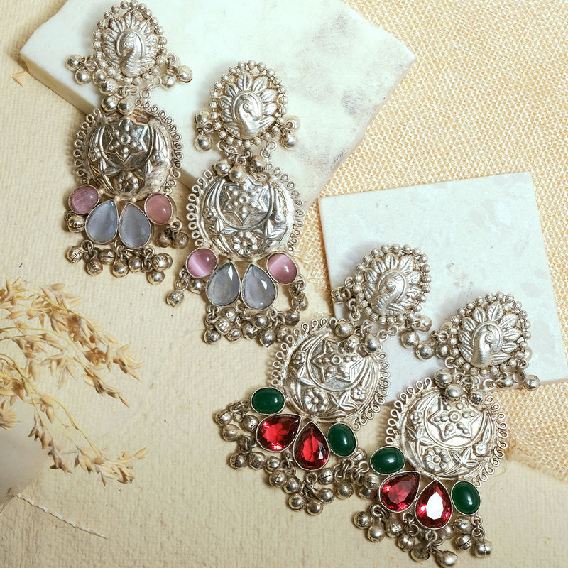 Oxidized Multi Stone Peacock & Star Earrings