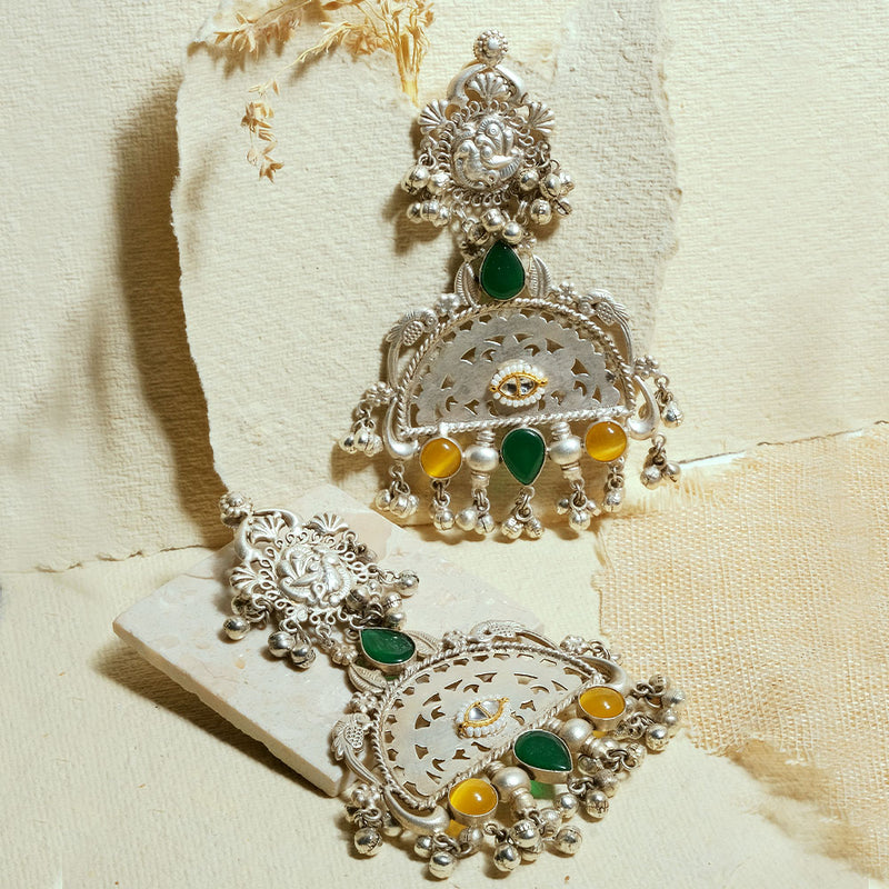 Oxidized Multi Stone Peacock Long Earrings
