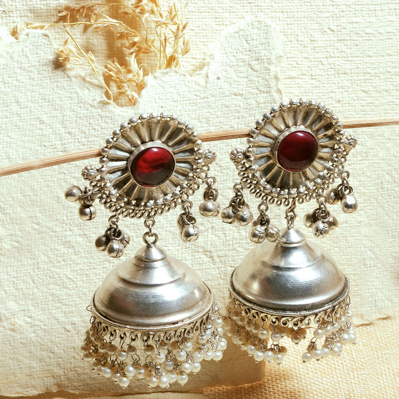 Oxidized Red Stone Jhumka Earrings