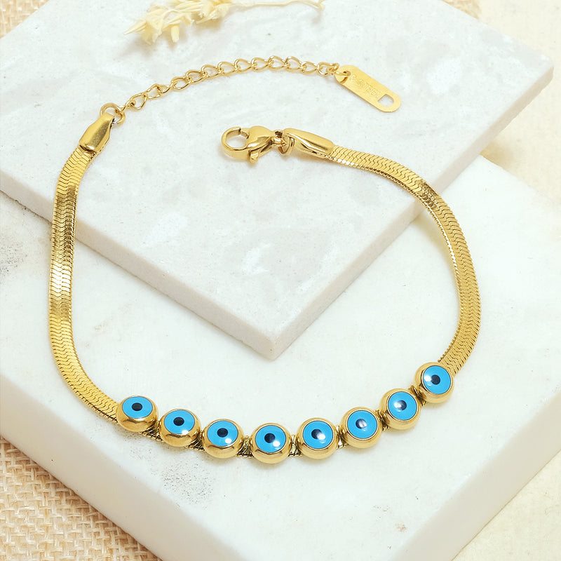 Gold Round Evil Eye Chain Bracelet - Upakarna Jewelry