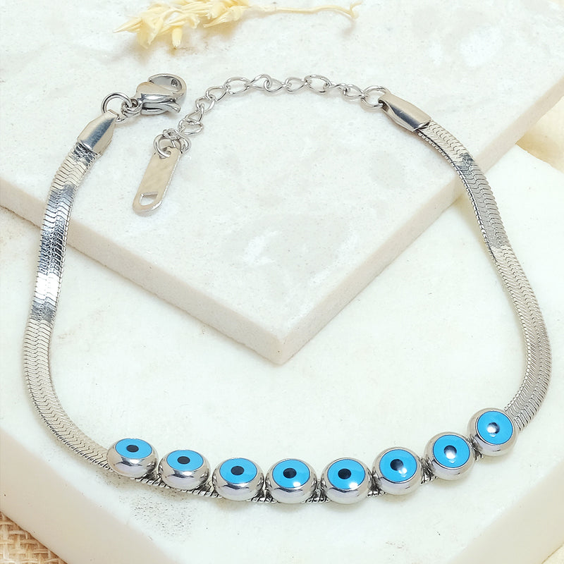 Silver Round Evil Eye Chain Bracelet - Upakarna Jewelry