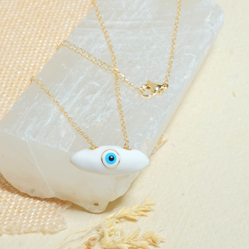 White Evil Eye Oval Necklace - Upakarna Jewelry