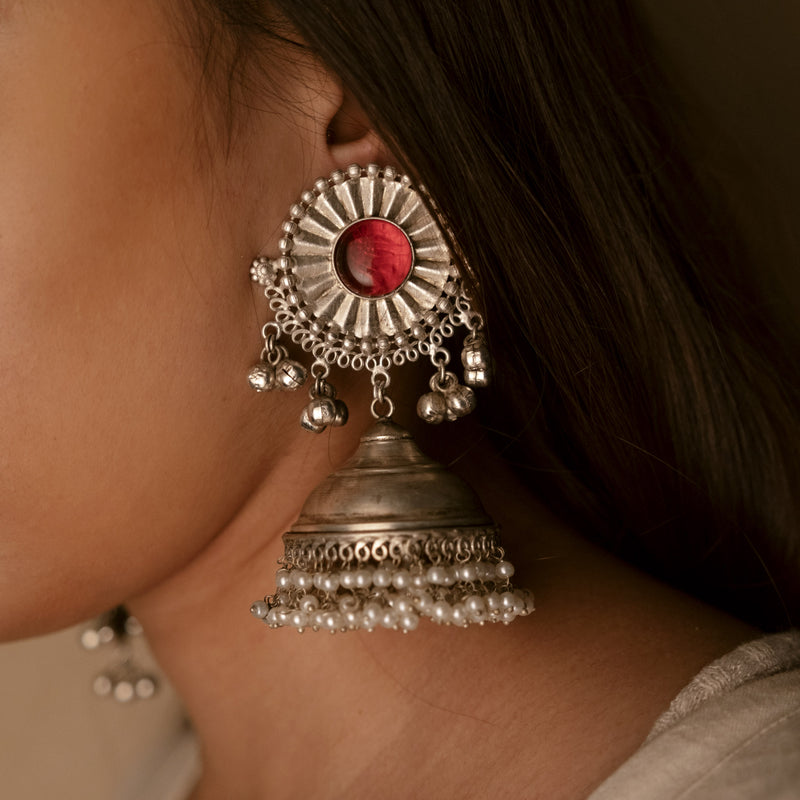 Oxidized Red Stone Jhumka Earrings