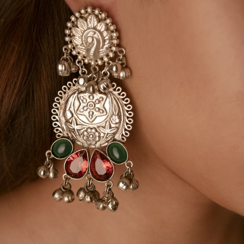 Oxidized Multi Stone Peacock & Star Earrings