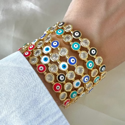 Stylish evil eye cuff bangles crafted in stainless steel with an adjustable design, available in black, blue, red, white, green, and rainbow shades, perfect for everyday wear and trendy protective styling.

