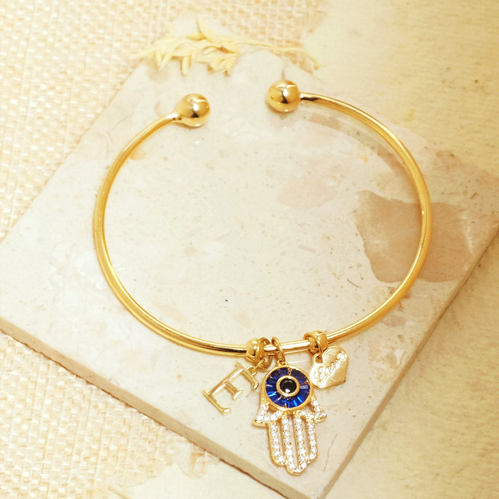 Amethyst Bracelet with Hanging Hamsa Charm 8 mm Round Beads Bracelet