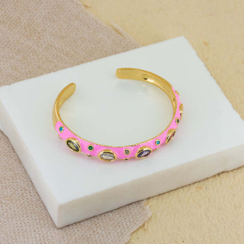 Elegant rainbow cuff bangles in soft pastel shades with an adjustable anti-tarnish finish, perfect for everyday wear, playful styling, and adding a colorful touch to any look.