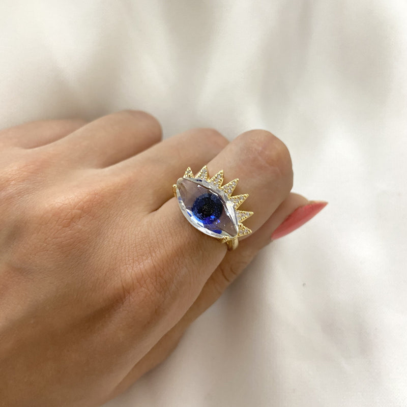 Blue Crystal Crown Evil Eye Rings - Upakarna Jewelry