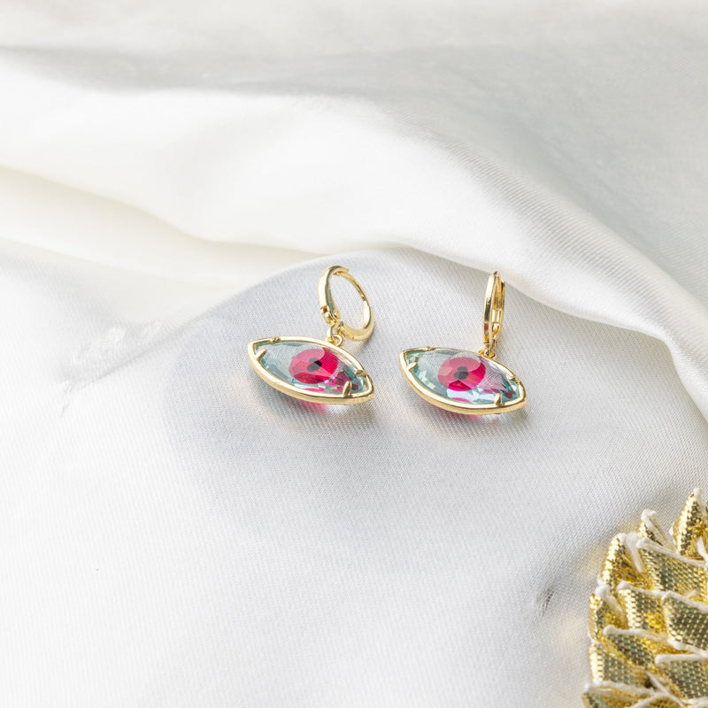 Pink and Green Crystal Evil Eye Earrings - Upakarna Jewelry
