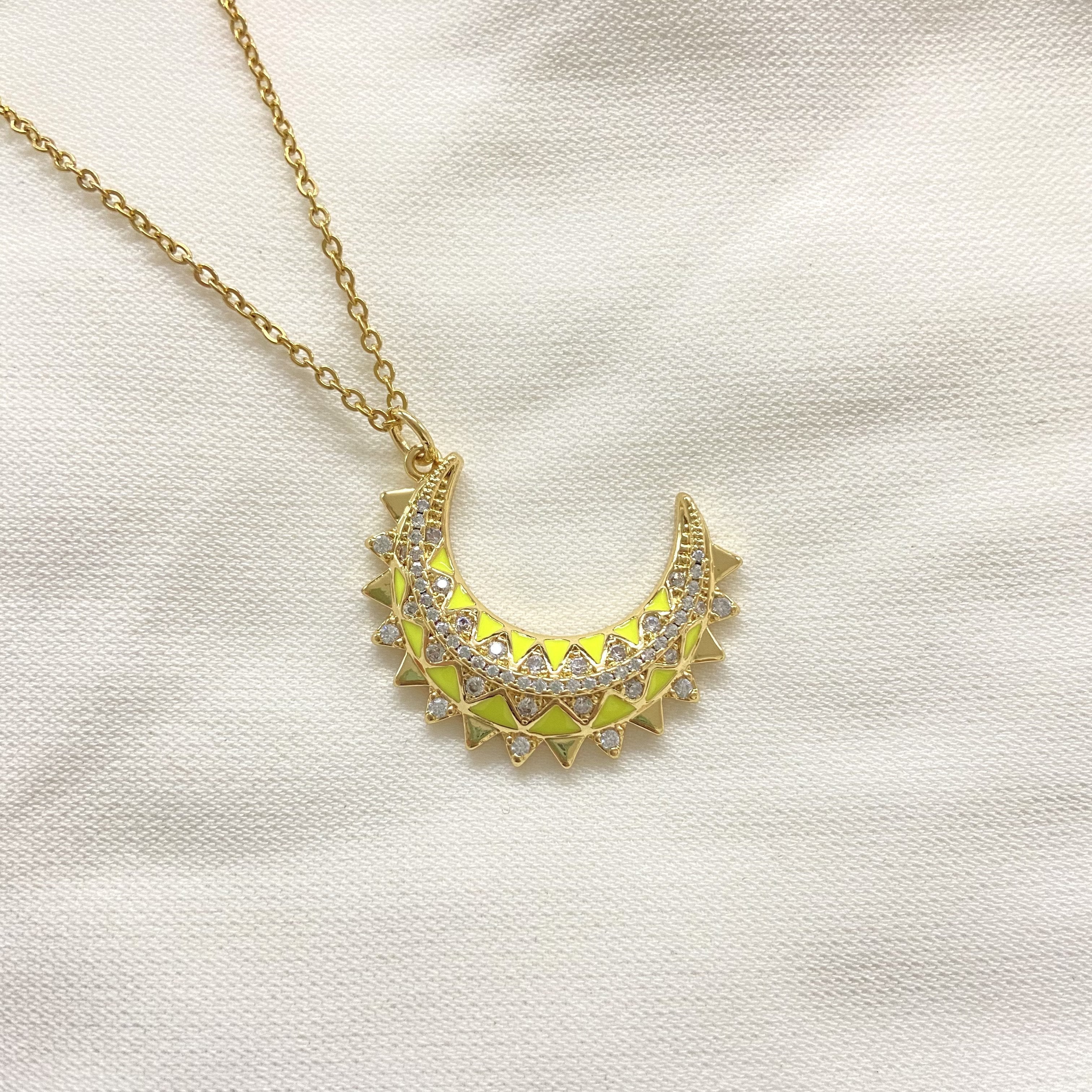 Lemon Yellow Half Moon Studded Necklace - Upakarna Jewelry