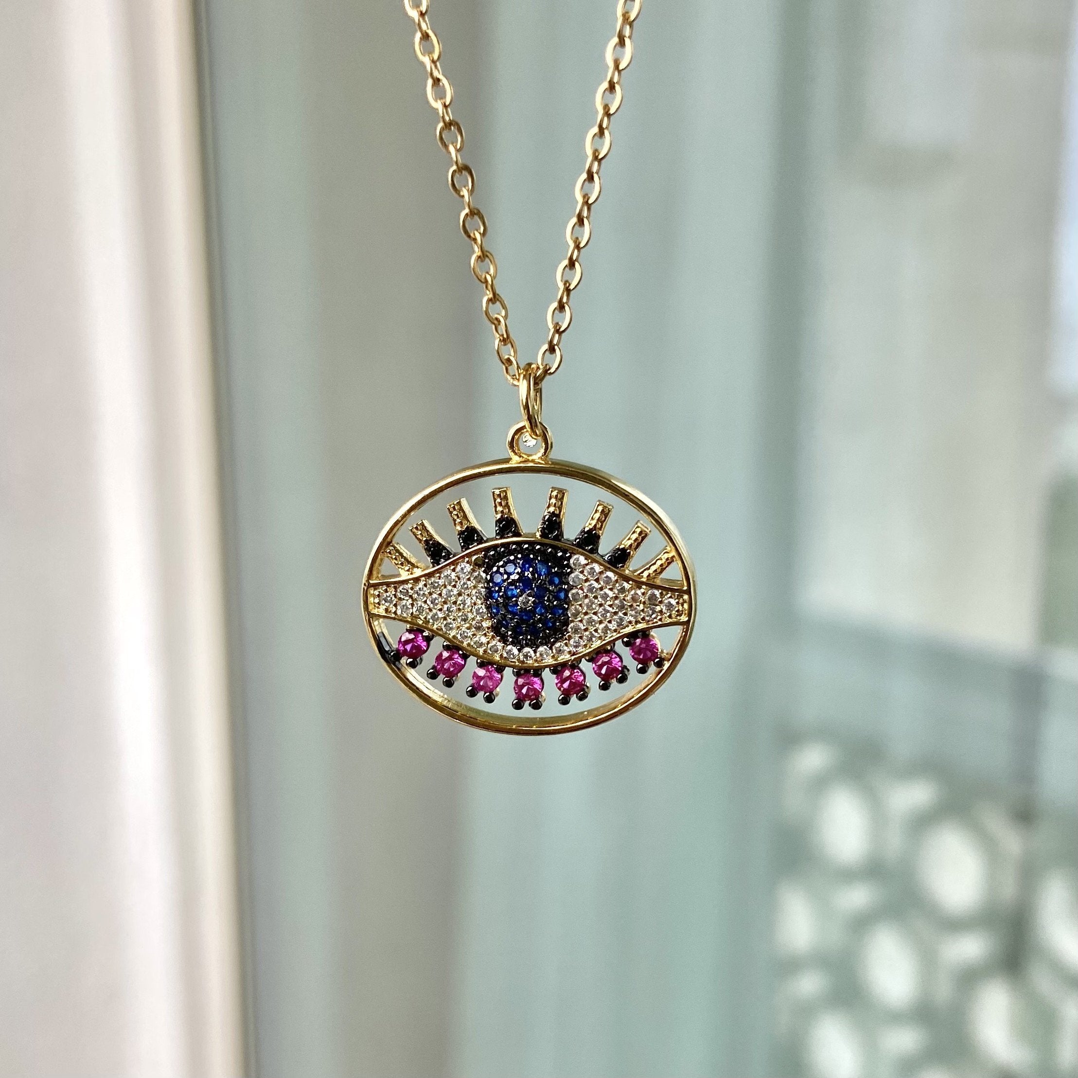 Pink Stone Evil Eye Necklace - Upakarna Jewelry