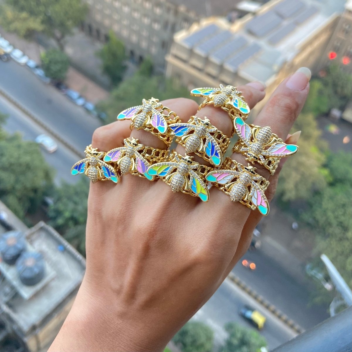 Bee band ring with vibrant enamel detailing and an anti-tarnish finish, available in multicolored shades, perfect for everyday wear, playful styling, and statement looks.
