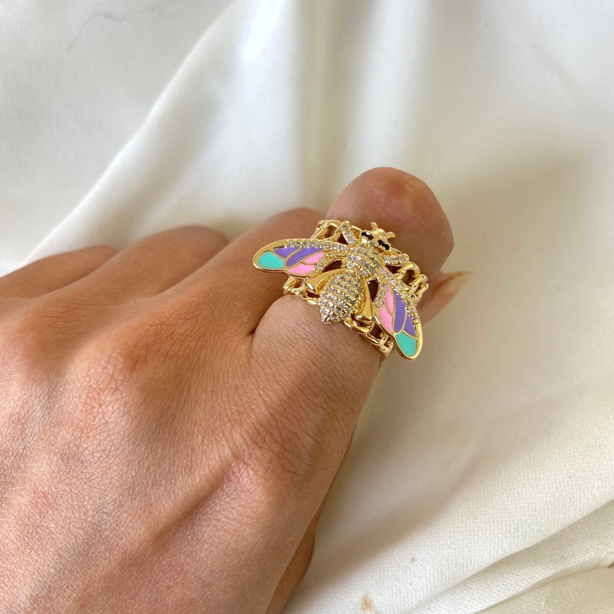 Bee band ring with vibrant enamel detailing and an anti-tarnish finish, available in multicolored shades, perfect for everyday wear, playful styling, and statement looks.
